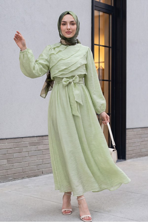 Chiffon dress with elasticated waist folded front balloon sleeves and lining  -Sea green
