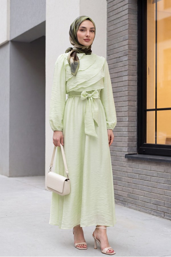 Chiffon dress with elasticated waist folded front balloon sleeves and lining  -Sea green