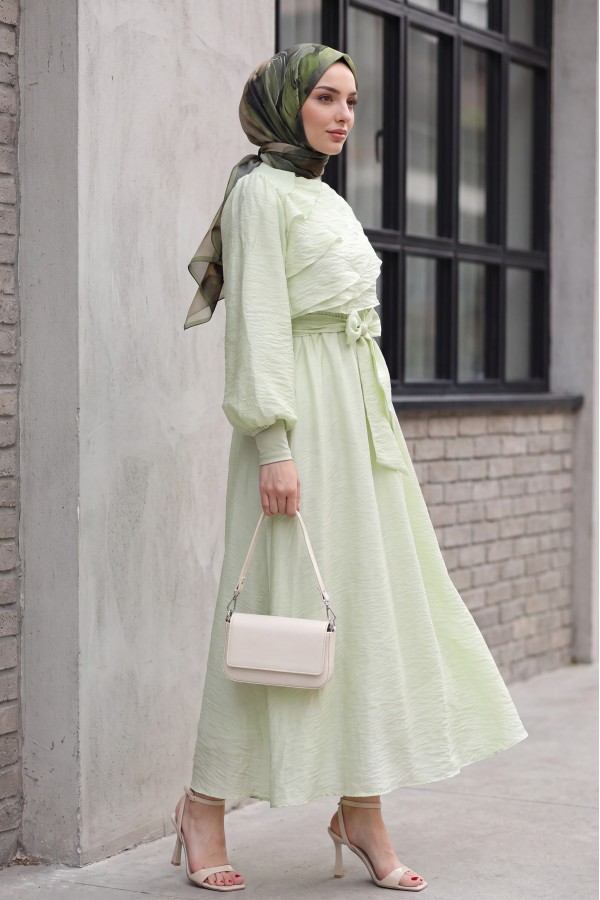 Chiffon dress with elasticated waist folded front balloon sleeves and lining  -Sea green
