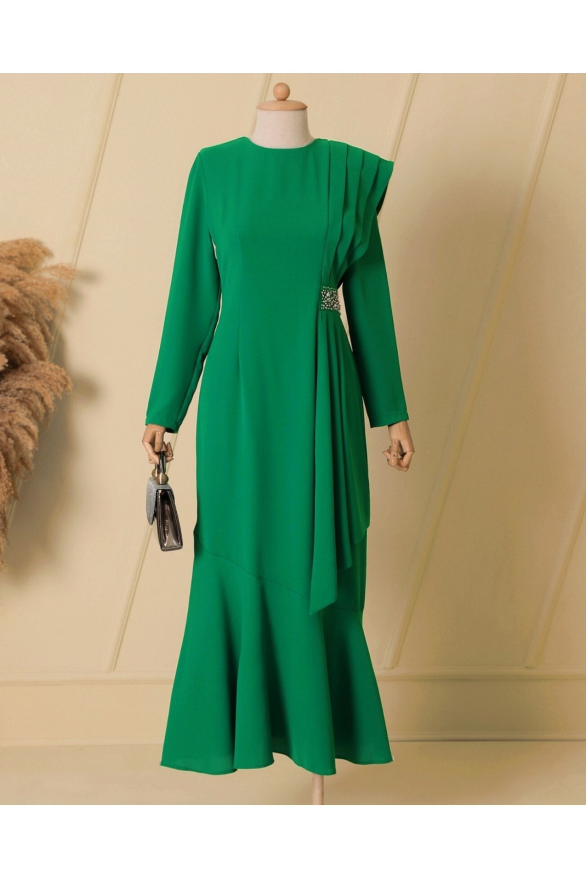 Stone Detailed Pleated Evening Dress -Green