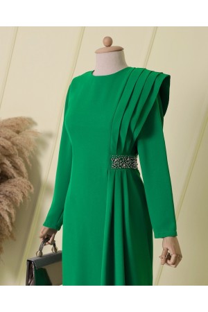 Beli Taş Detaylı Pileli Abiye -Yeşil