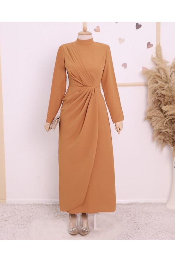 Belt Detailed Draped Hijab Dress -Snuff