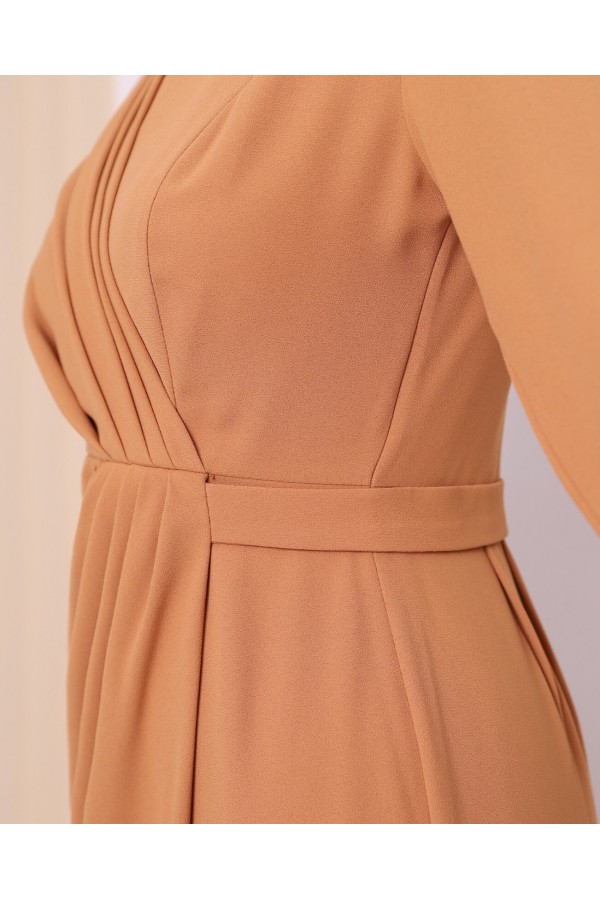 Belt Detailed Draped Hijab Dress -Snuff