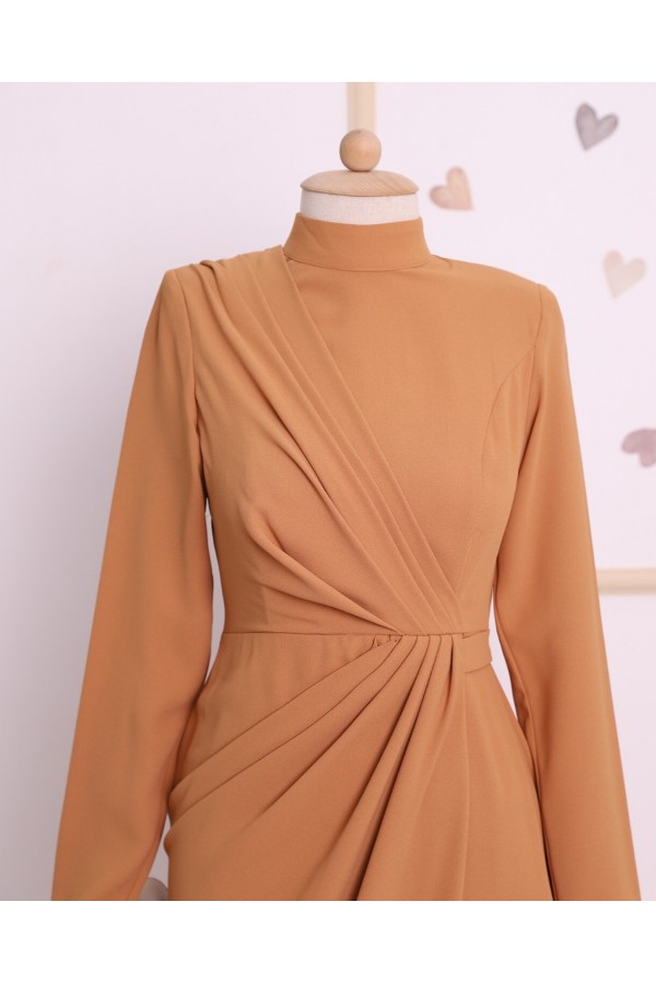 Belt Detailed Draped Hijab Dress -Snuff