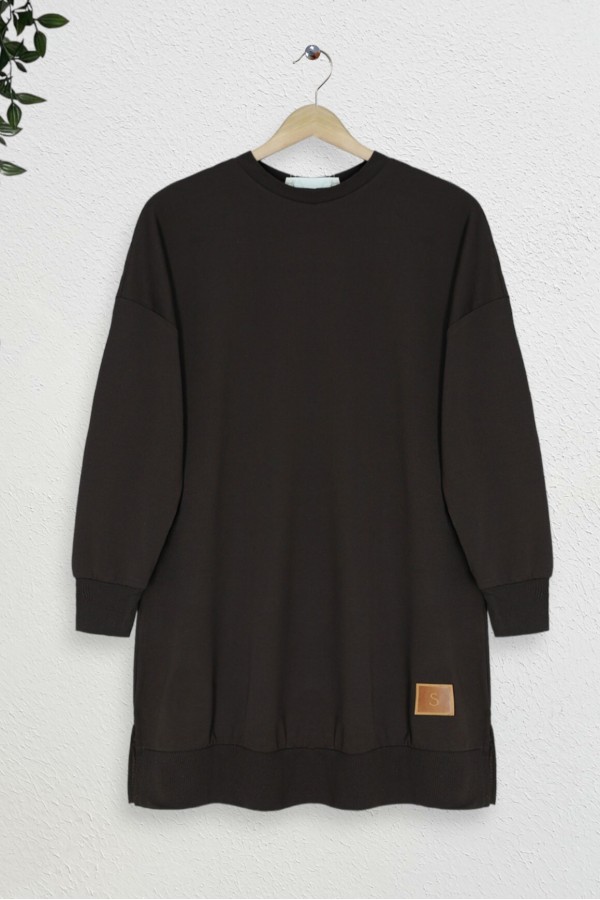 Crew Neck Slit Sweatshirt -Brown