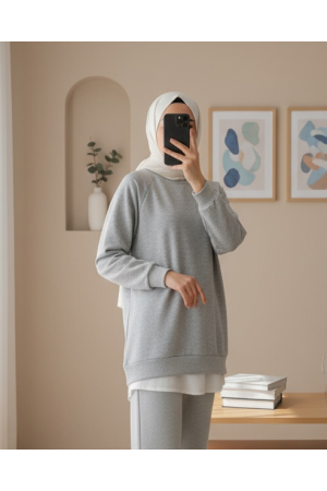 Bisiklet Yaka Üç İplik Şardonlu Sweat -Gri