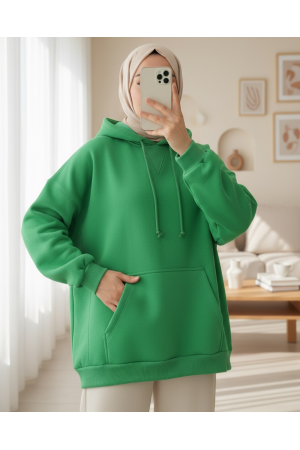 Kapşonlu Kanguru Cepli Şardonlu Sweat -Yeşil