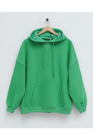 Kapşonlu Kanguru Cepli Şardonlu Sweat -Yeşil