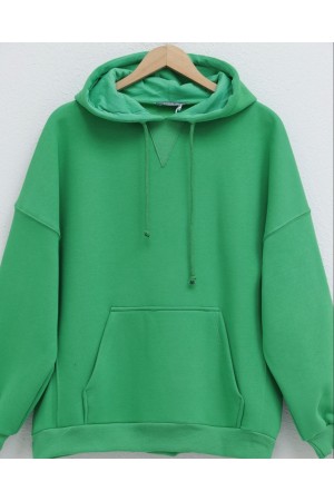 Kapşonlu Kanguru Cepli Şardonlu Sweat -Yeşil