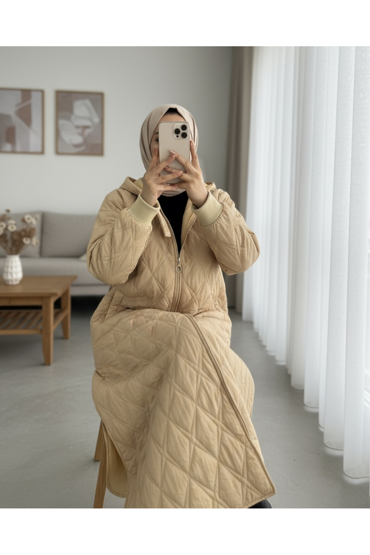 Hooded Lined Quilted Cap -Mink color
