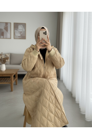 Kapşonlu Astarlı Kapitone Kap -Vizon