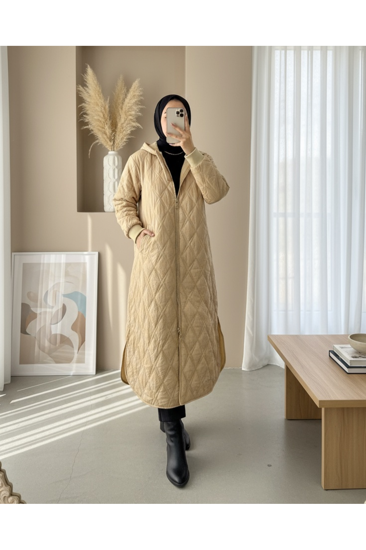Hooded Lined Quilted Cap -Mink color