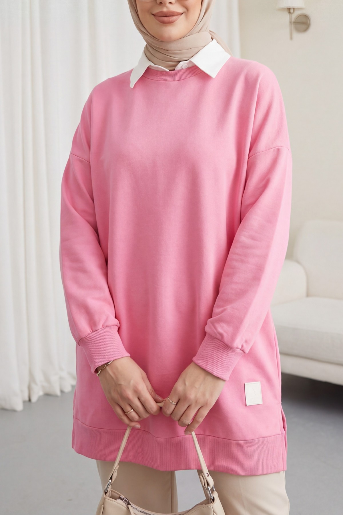 Crew Neck Slit Sweatshirt  -Pink