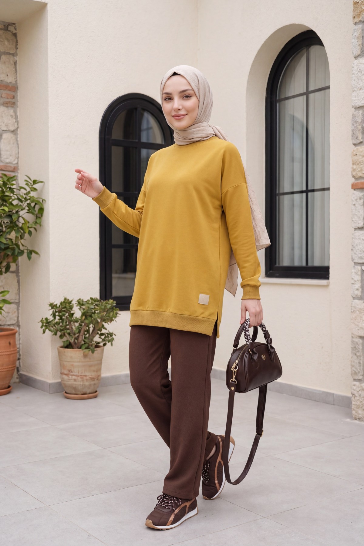 Crew Neck Slit Sweatshirt  -Oil Green