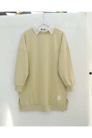 طاقم الرقبة الشق البلوز   -اللون البيج