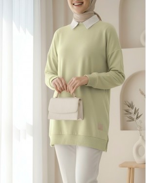 Crew Neck Slit Sweatshirt   - Beige