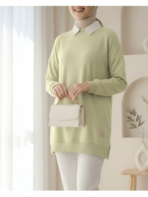 Crew Neck Slit Sweatshirt   - Beige