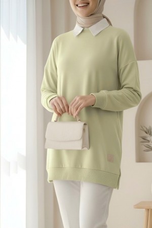 Crew Neck Slit Sweatshirt   - Beige