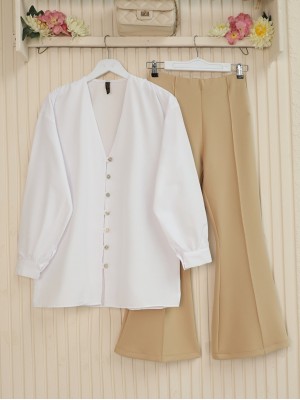 Spanish Leg Elastic Waist Lycra Trousers - Beige