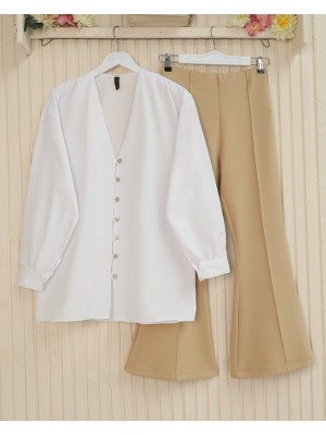 İspanyol Paça Beli Lastikli Likralı Pantolon -Bej