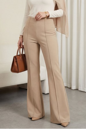 İspanyol Paça Beli Lastikli Likralı Pantolon -Bej