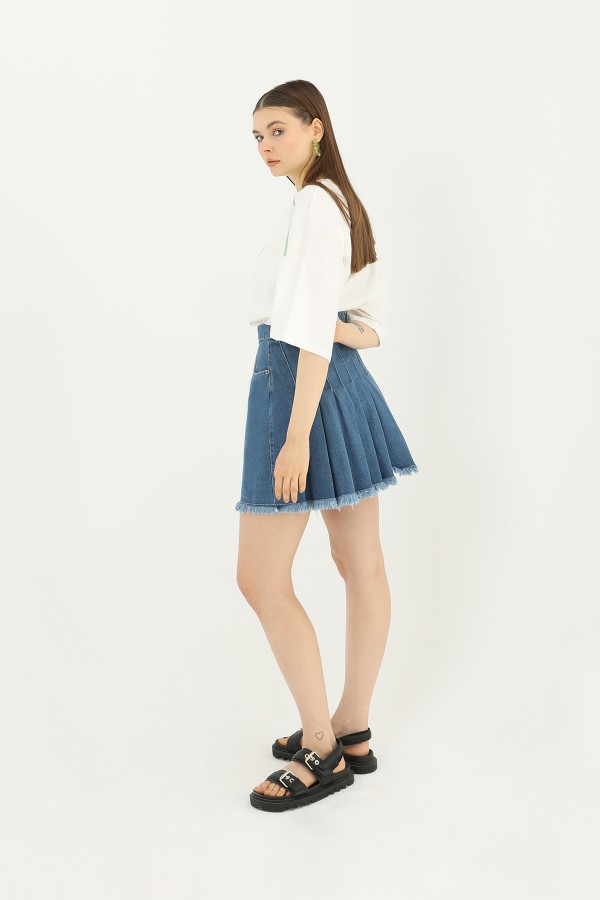 Women's Denim Skirt with Side Pleat Detail  