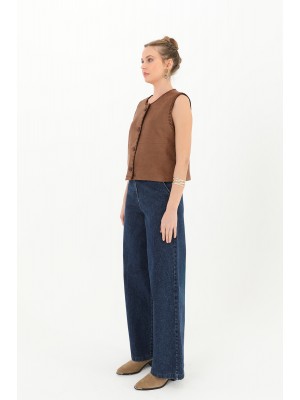 Kadın Düğme Detaylı Süet Yelek - 10600YLK