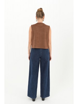 Kadın Düğme Detaylı Süet Yelek - 10600YLK