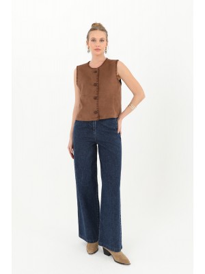 Kadın Düğme Detaylı Süet Yelek - 10600YLK