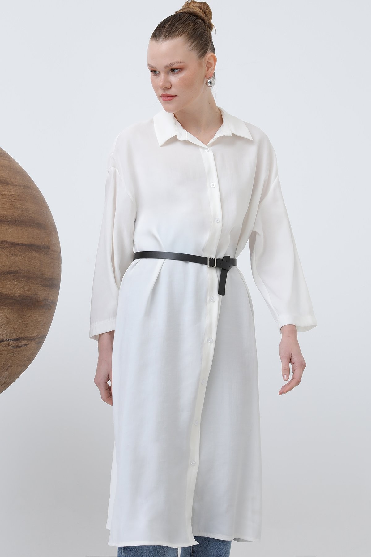 Women's Long Belt Detailed Shirt Dress 