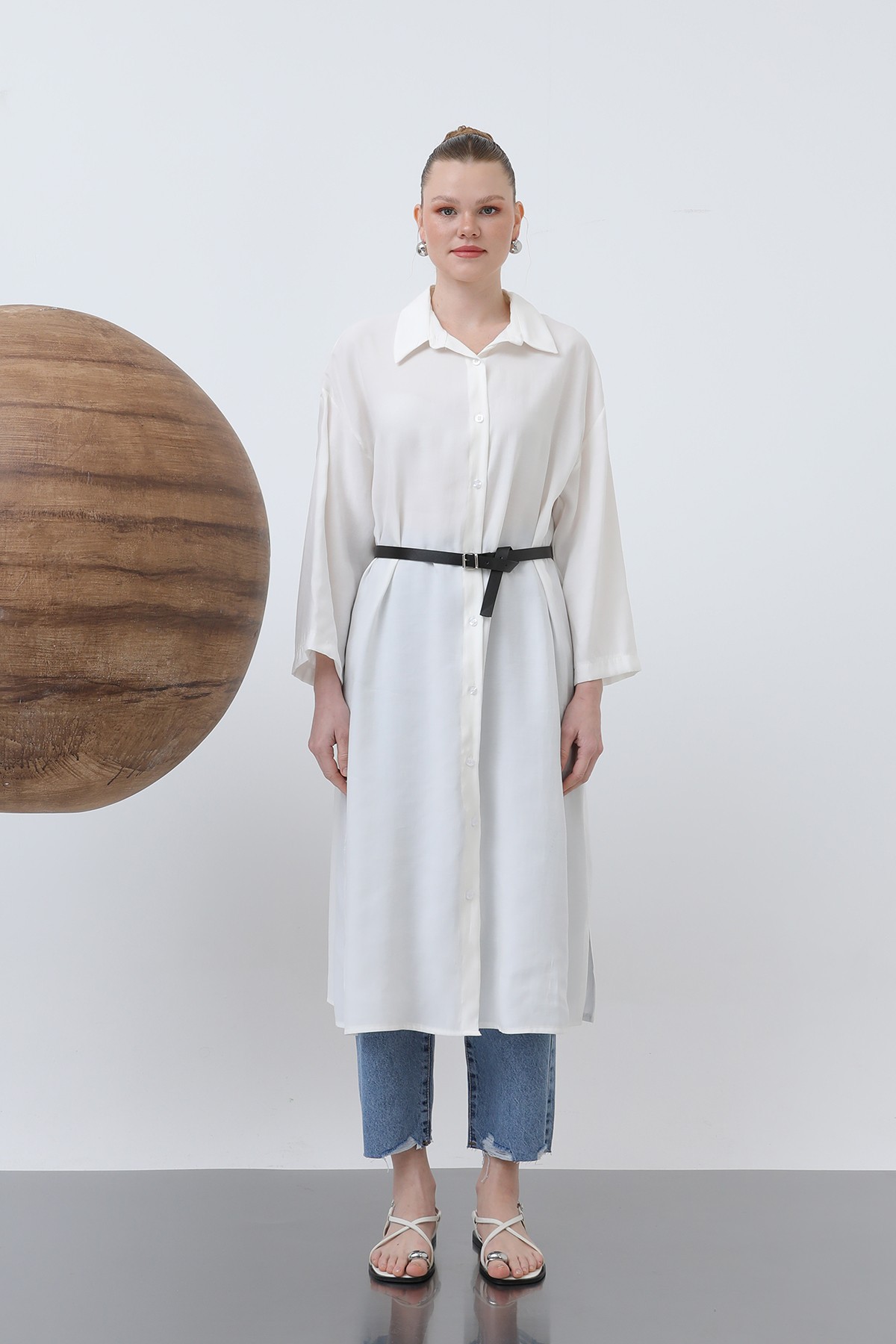 Women's Long Belt Detailed Shirt Dress 