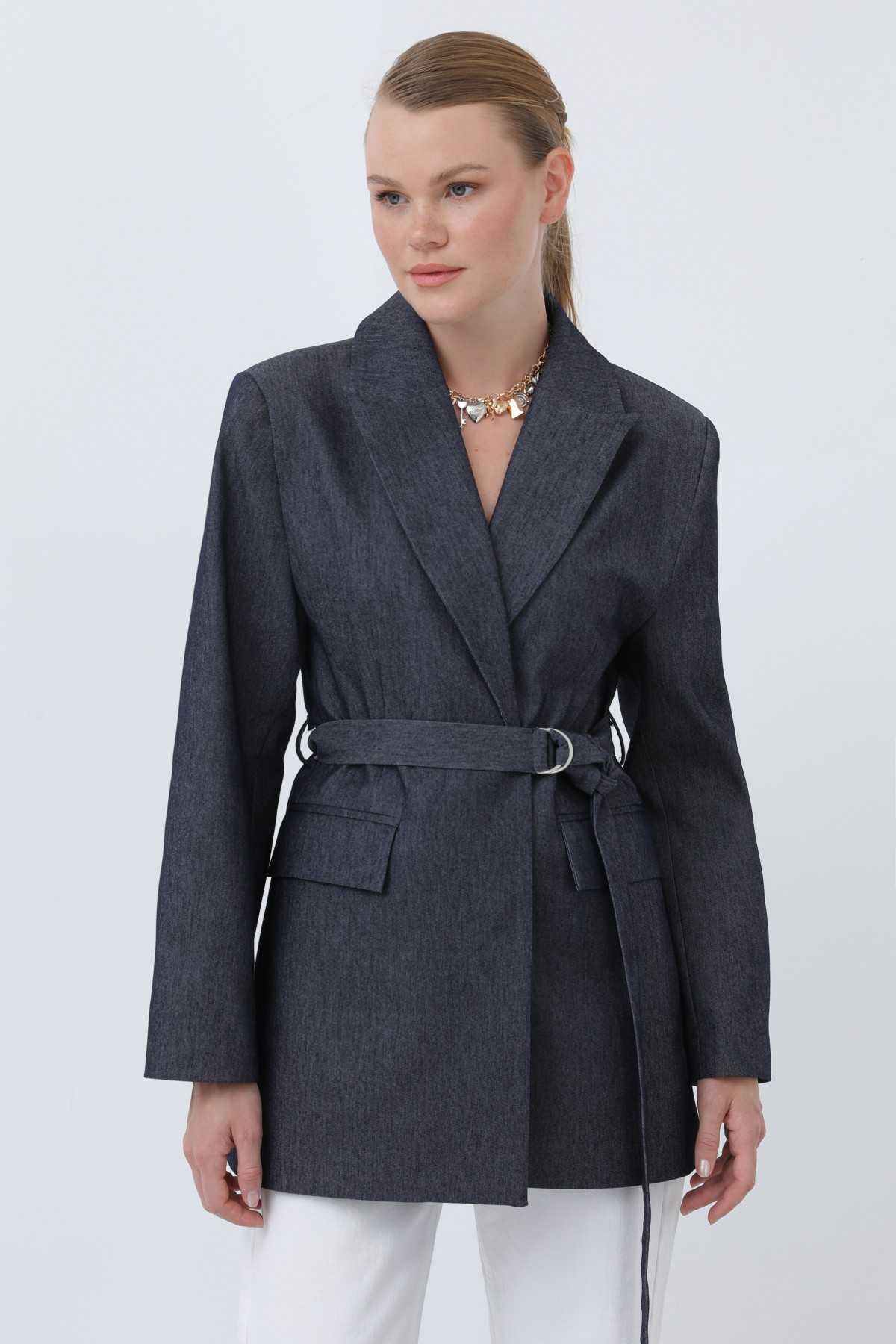 Women's Denim Blazer Jacket with Belt Detail and Shoulder Pads 