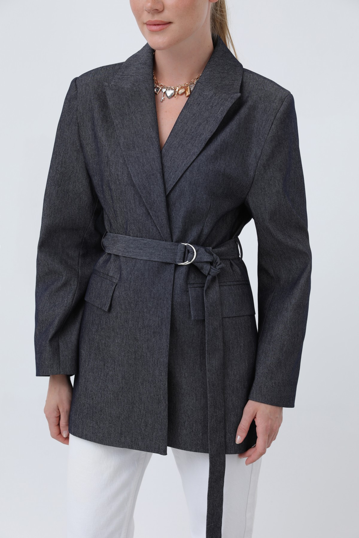Women's Denim Blazer Jacket with Belt Detail and Shoulder Pads 