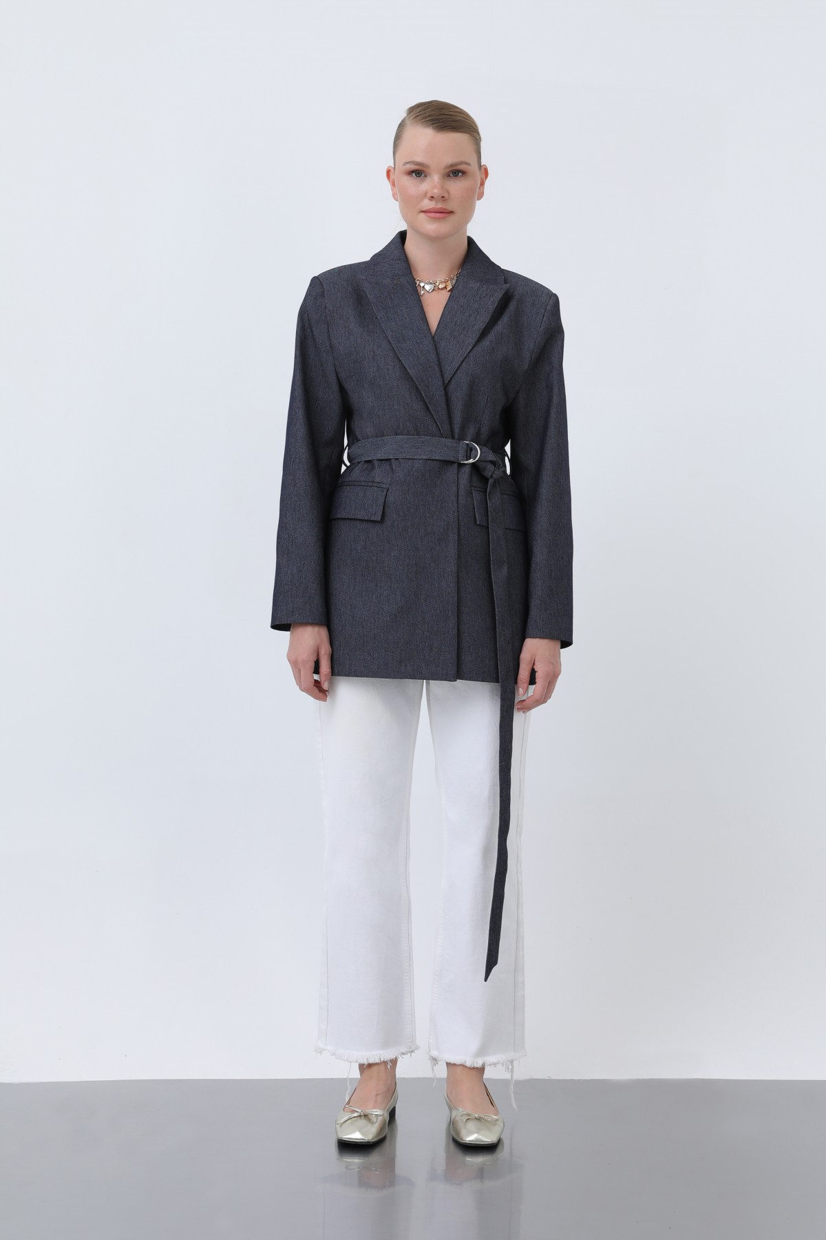 Women's Denim Blazer Jacket with Belt Detail and Shoulder Pads 