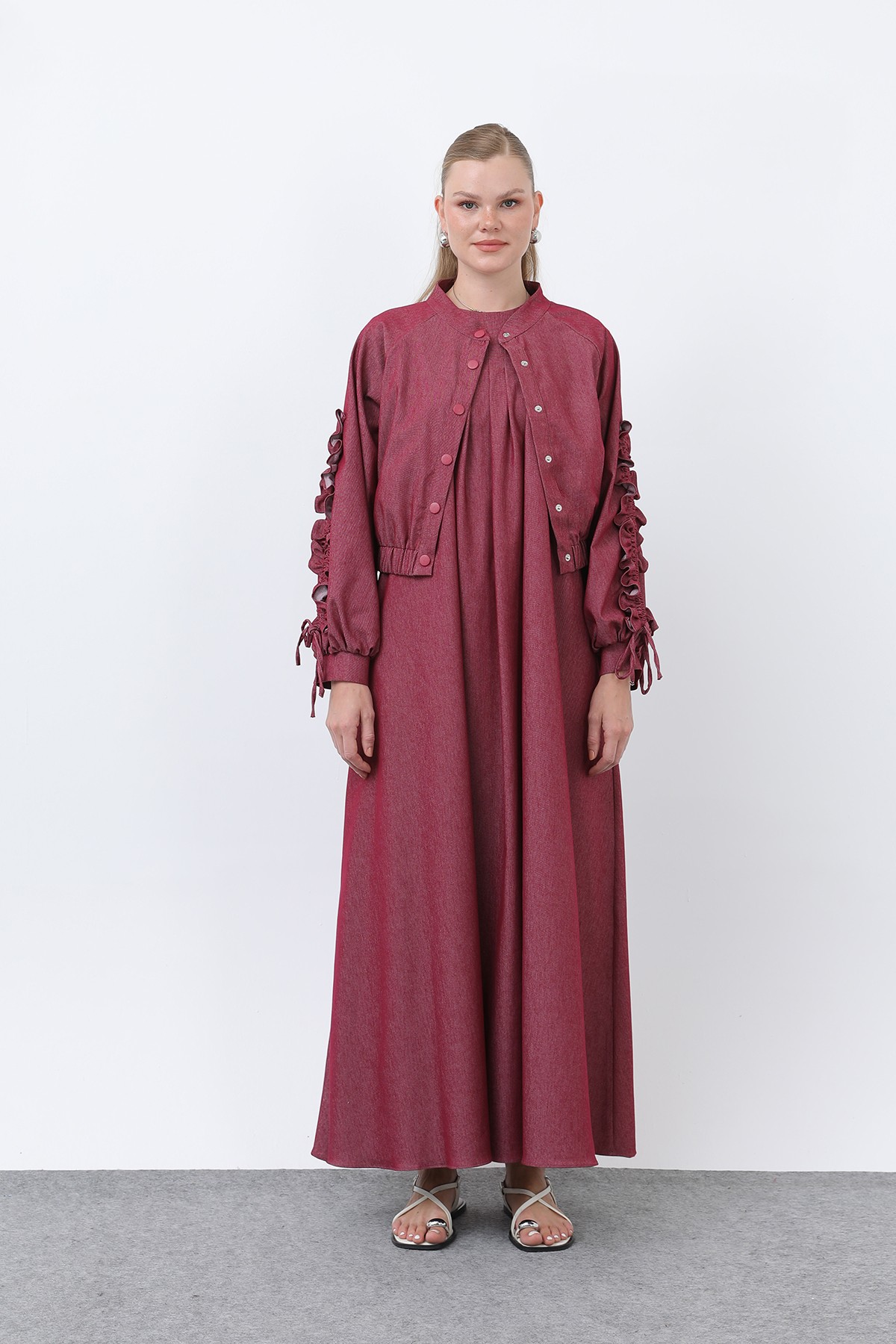 Women's Jacket Dress Set with Flounce Sleeves Detail 