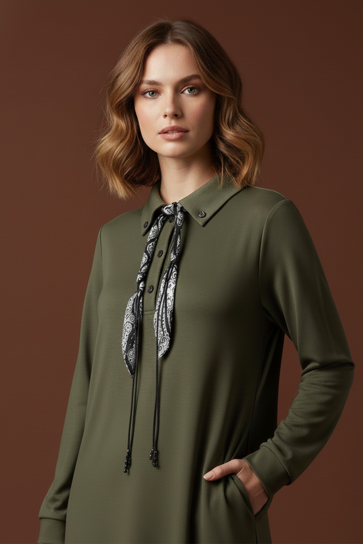 Women's Long Dress with Polo Collar and Scarf Detail, Relaxed Fit – 12666ELB