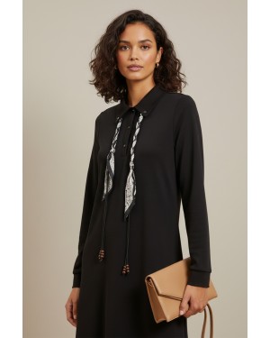 Women's Polo Collar Relaxed Fit Dress with Scarf Detail – 12669ELB