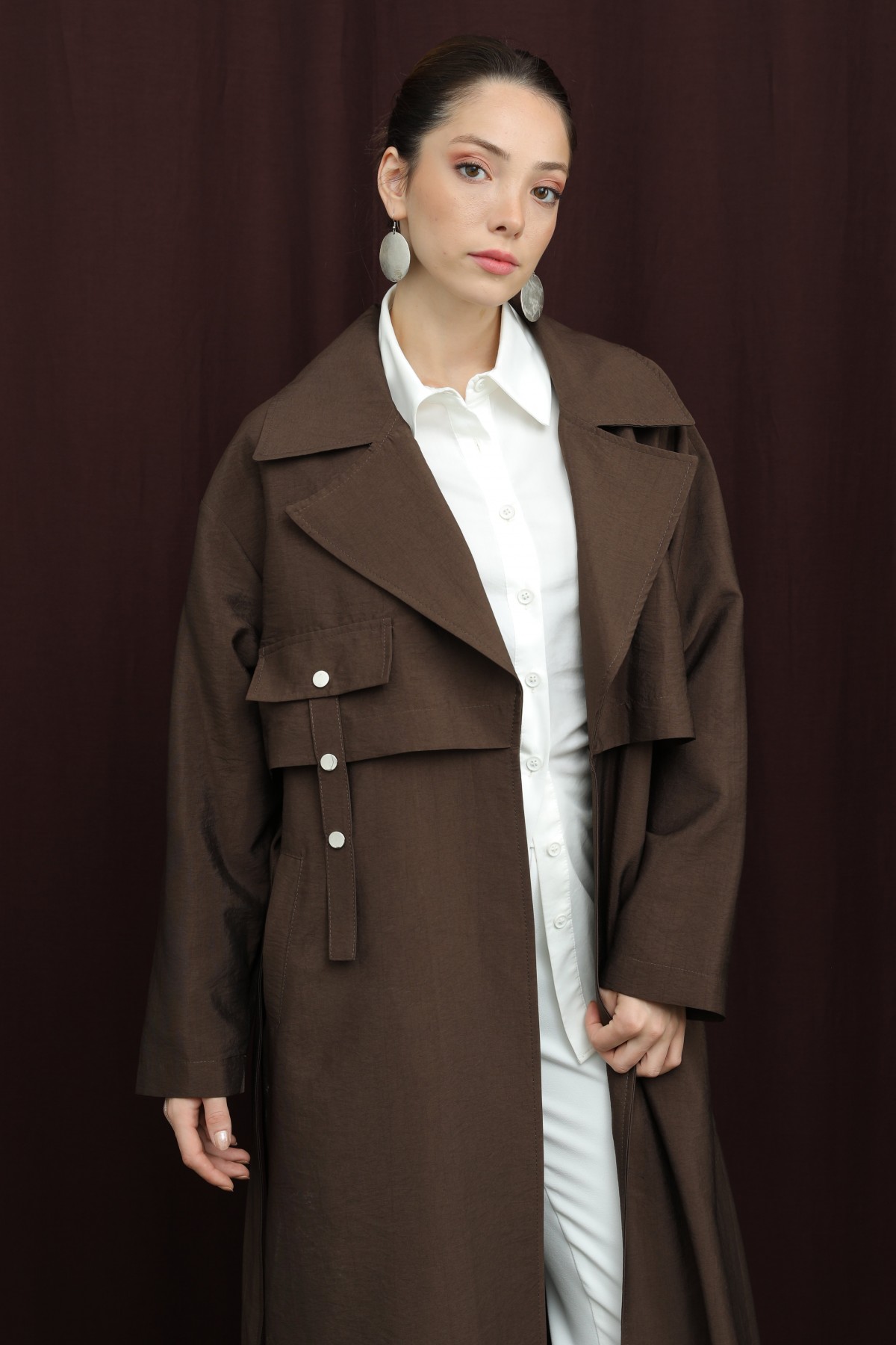Women's Trench Coat with Pocket Flap Detail and Belt 