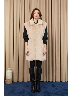 Kadın Kapüşonlu Beli Lastikli Peluş Yelek - 15235YLK