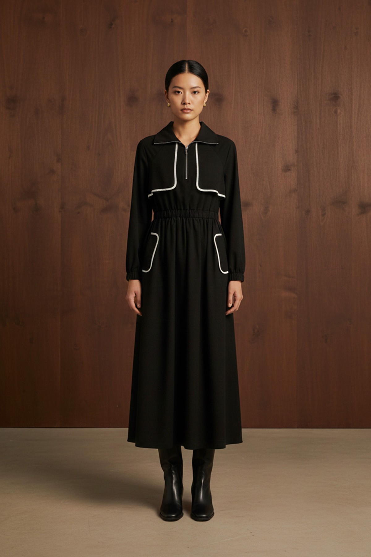 Women's Dress with Piping Detail and Elastic Waist  