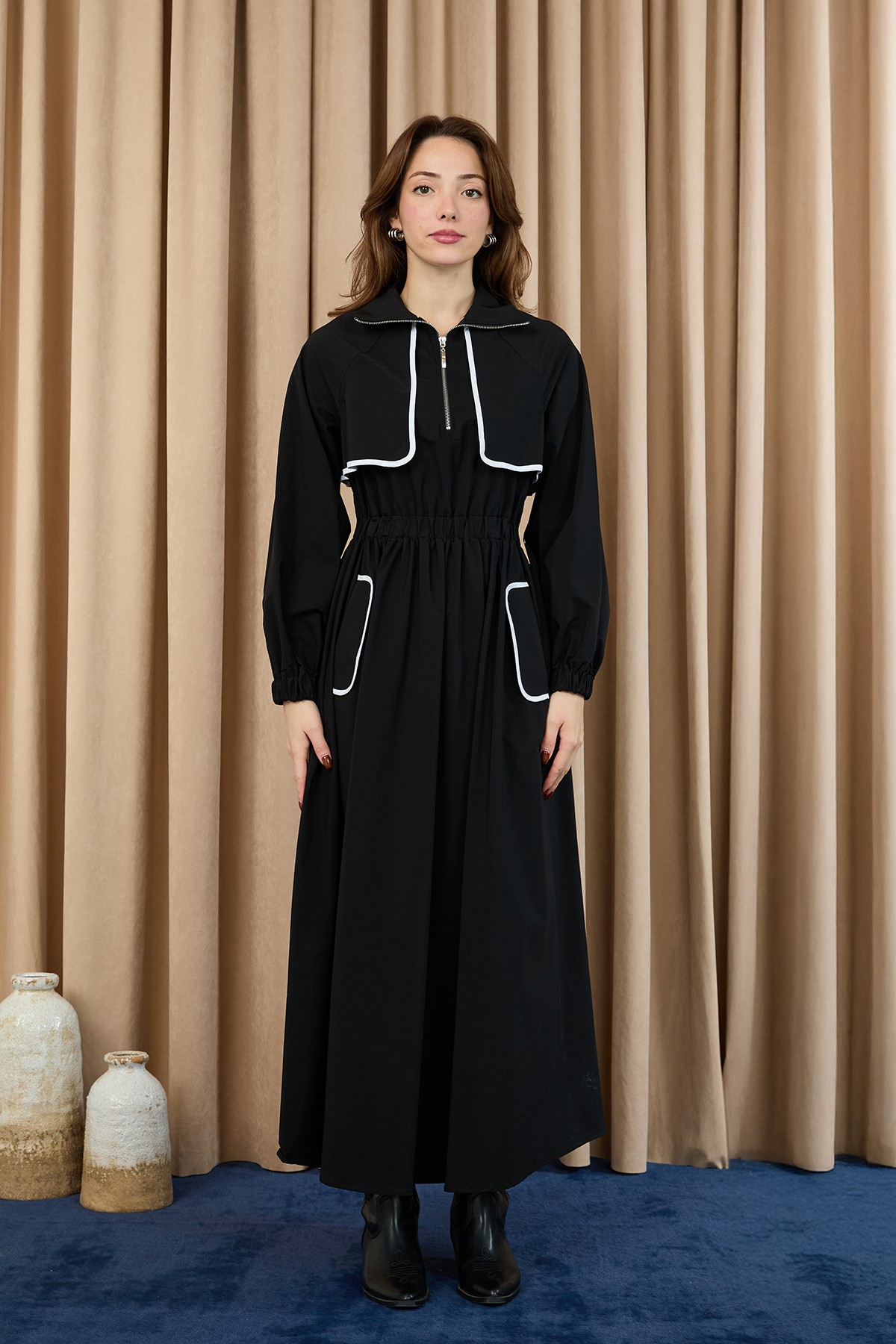 Women's Dress with Piping Detail and Elastic Waist  