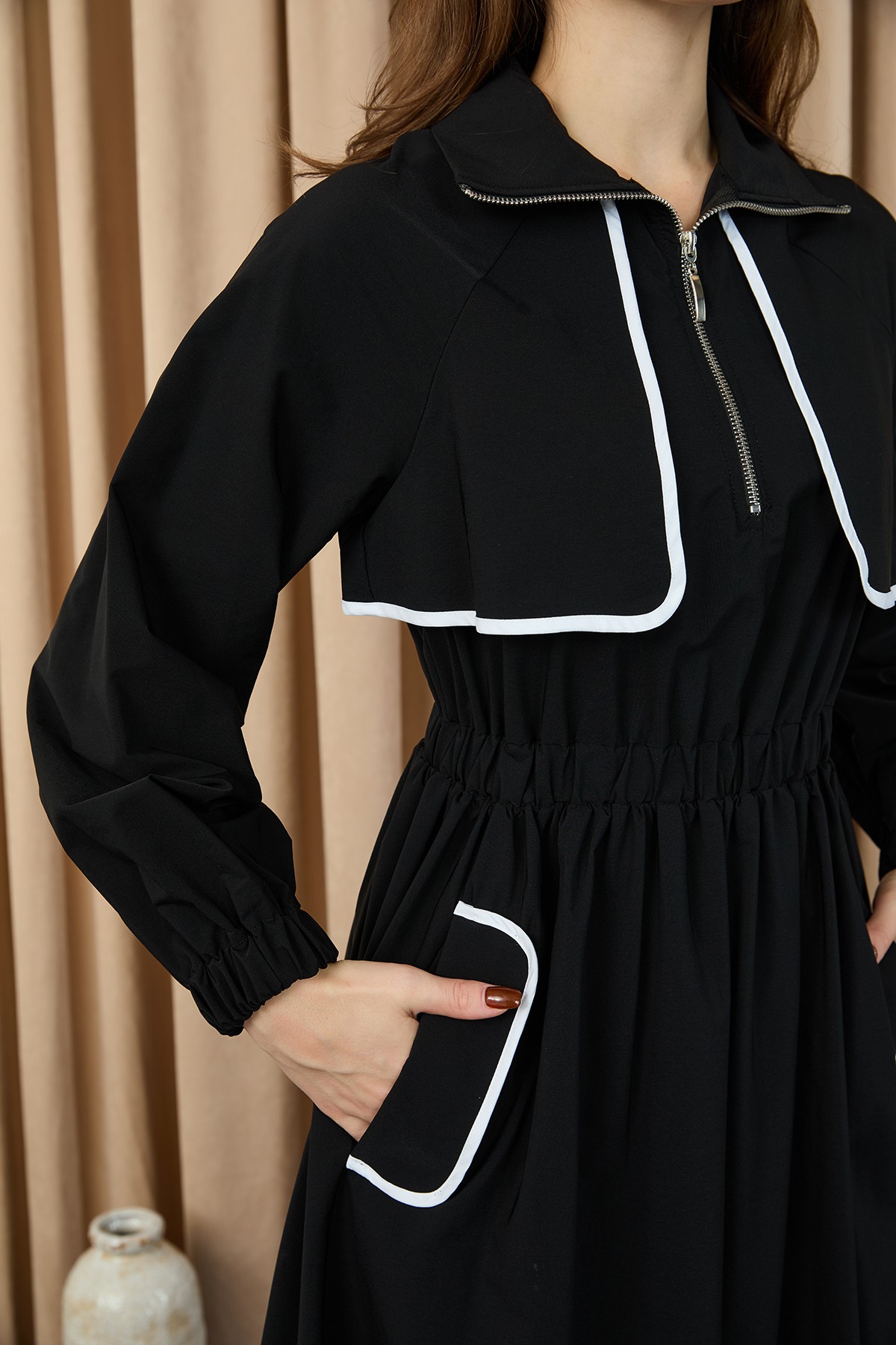 Women's Dress with Piping Detail and Elastic Waist  