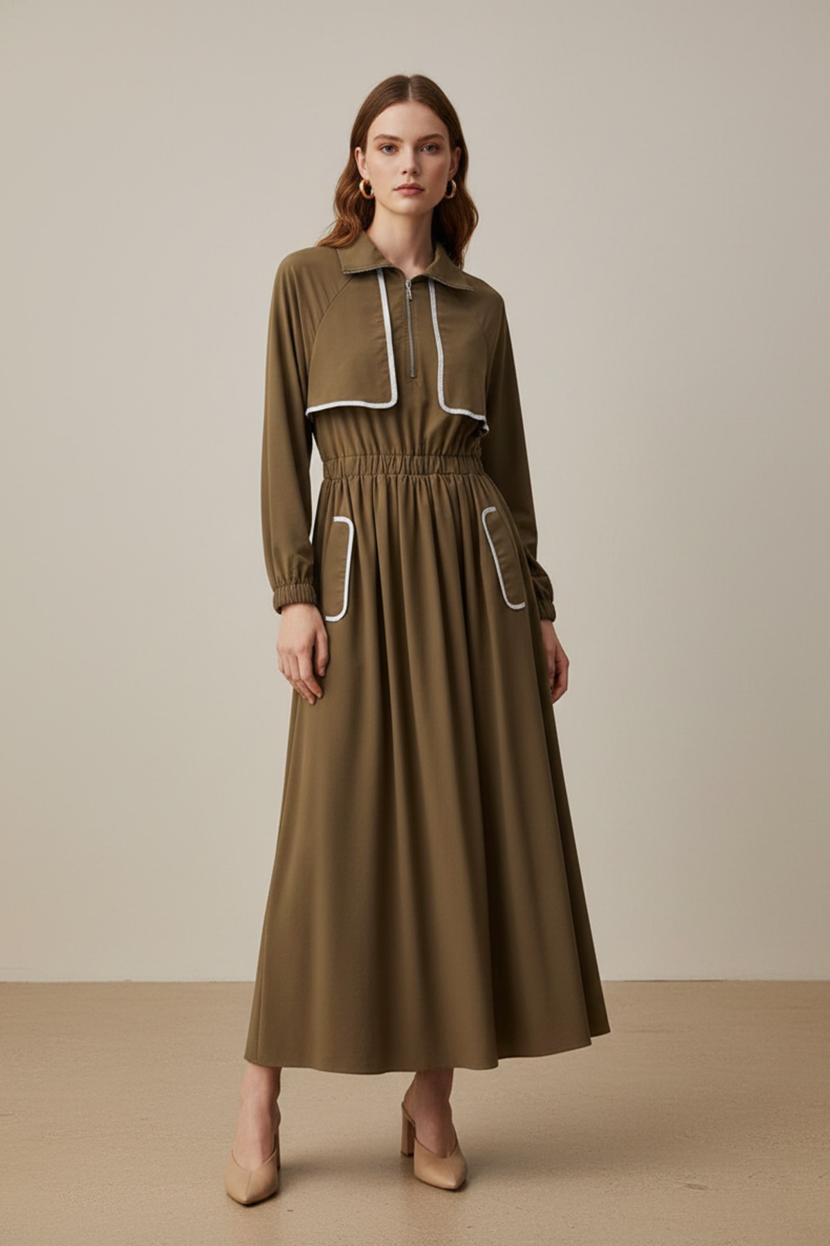 Women's Dress with Piping Detail and Elastic Waist  