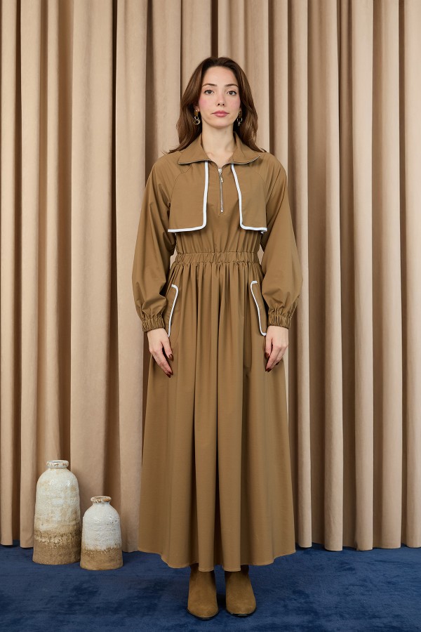Women's Dress with Piping Detail and Elastic Waist  