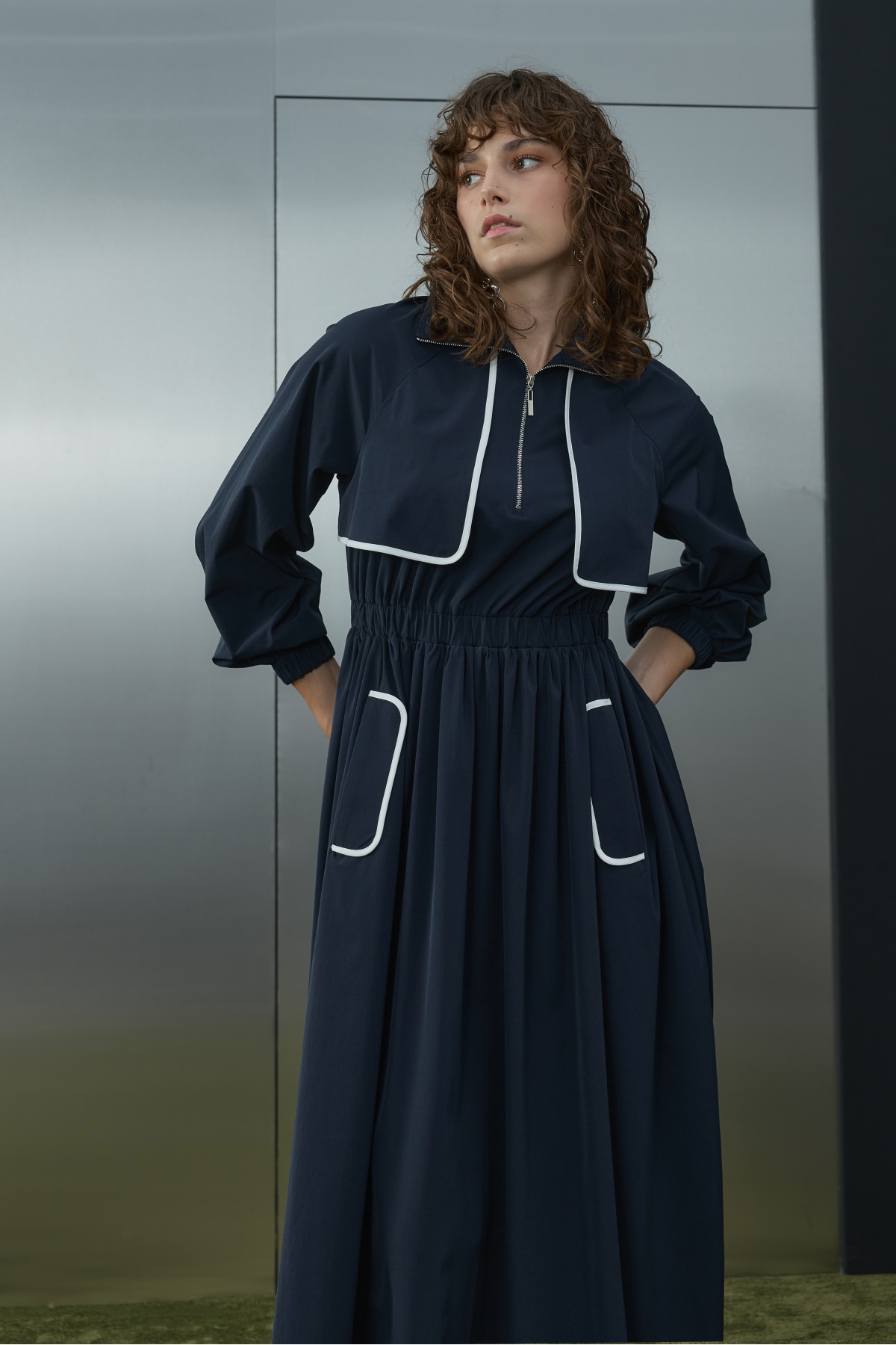 Women's Dress with Piping Detail and Elastic Waist  
