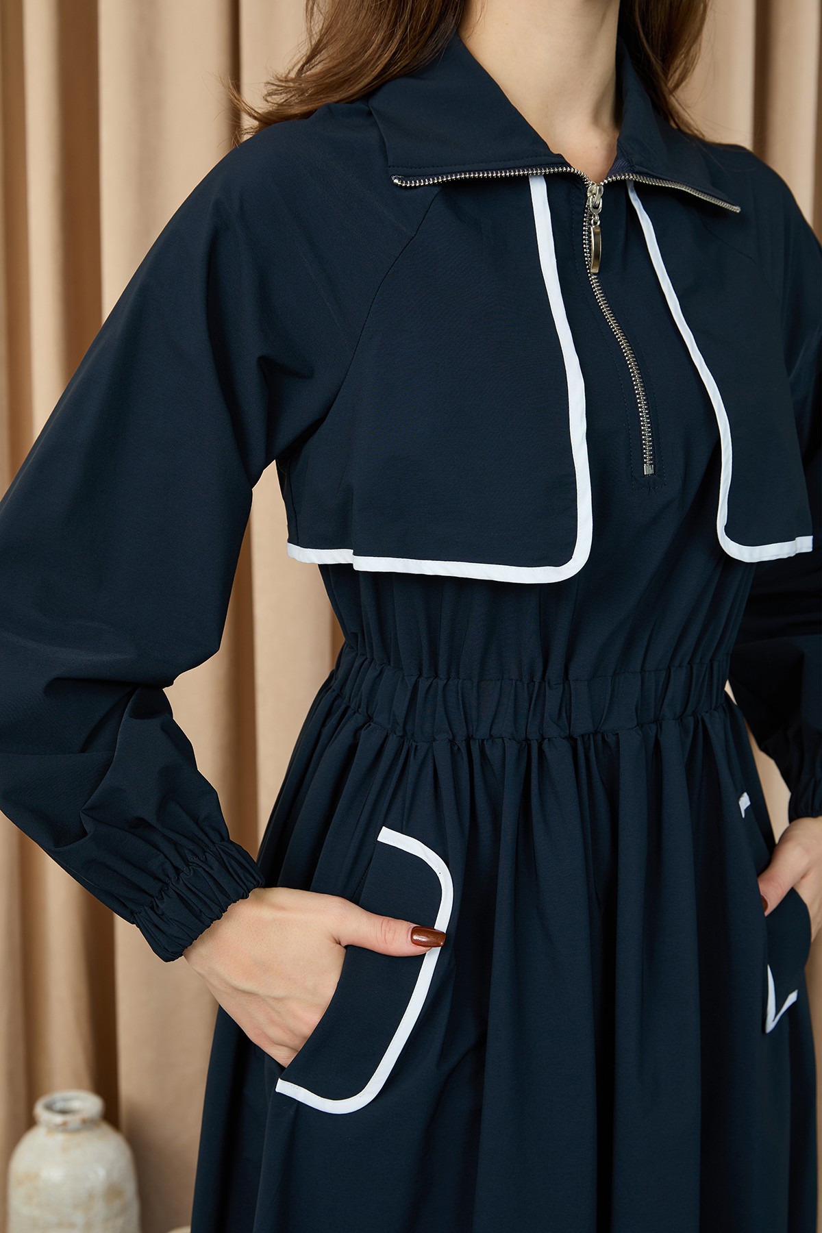 Women's Dress with Piping Detail and Elastic Waist  