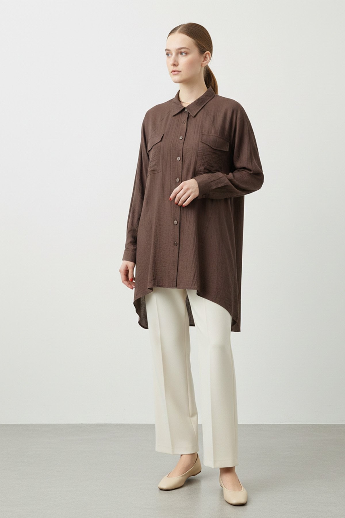 Women's Long Buttoned Double Pocket Oversize Shirt