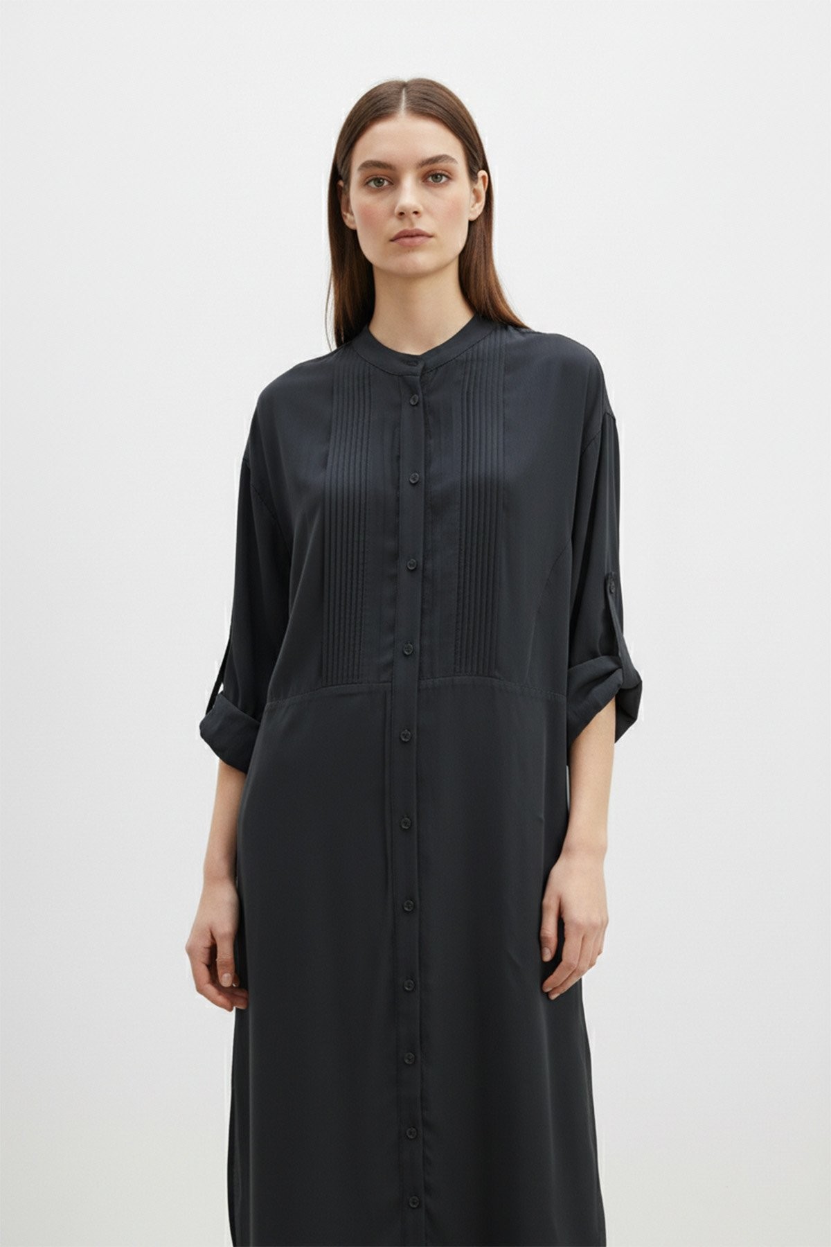 Women's Long-Sleeved Mandarin Collar Buttoned Pleated Detail Long Tunic – 10762TUN