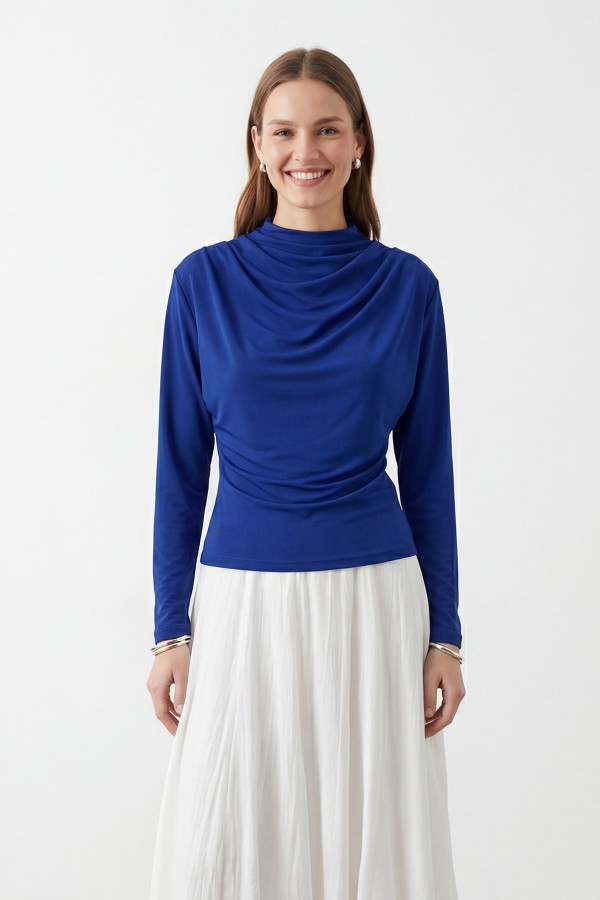 Kadın Modern Kesim Drapeli  Bluz -10785BLZ