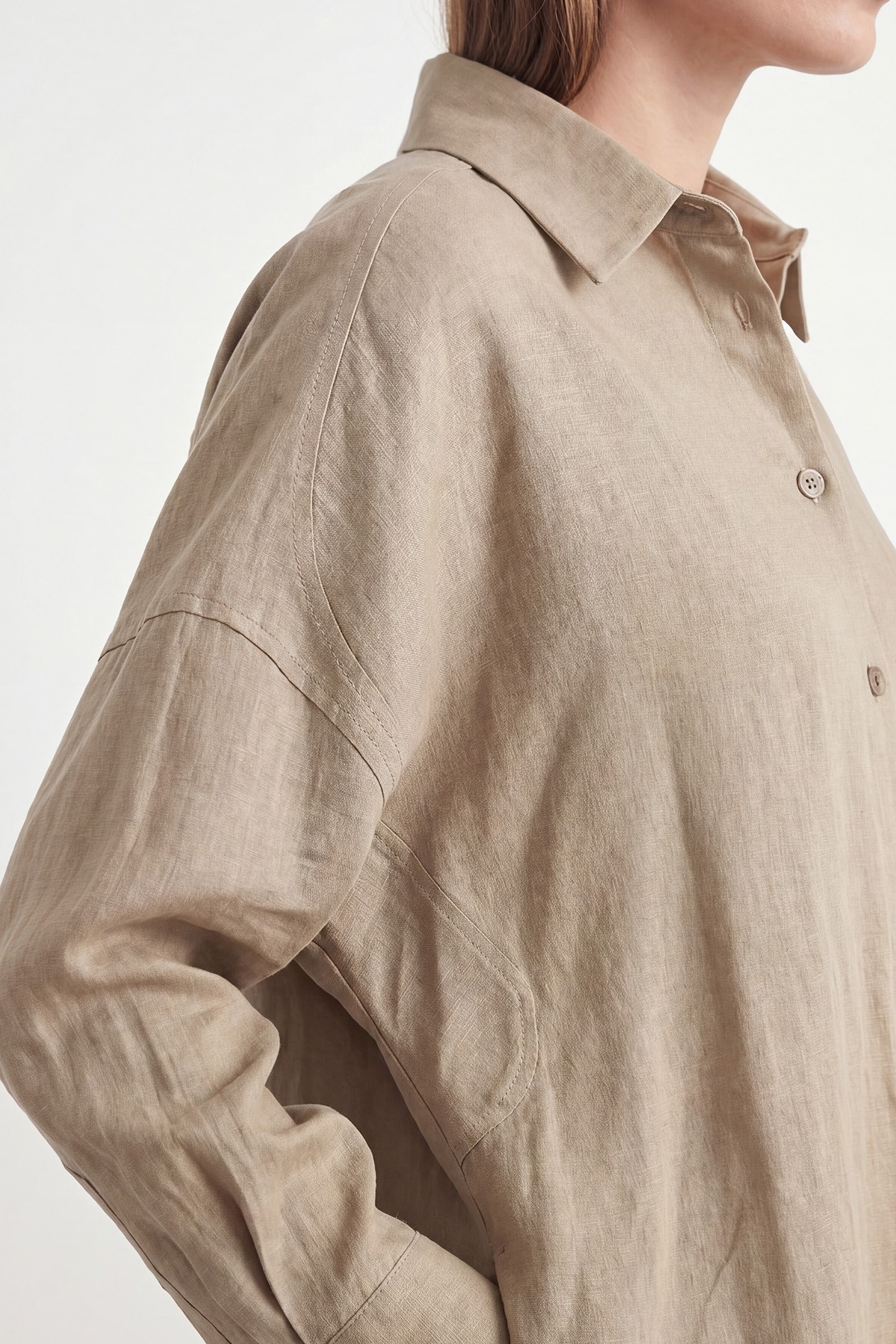 Kadın Naturel Dokulu Oversize Gömlek -10804GML